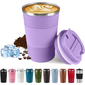 2pcs Vacuum-Insulated Stainless Steel Travel Coffee Mug, Leak-Proof Reusable Coffee Cup with Lid - Keep Hot & Cold Drinks for Hours, Durable Insulated Tumbler for Men & Women (Purple and Pink, 12OZ)