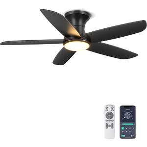 Ohniyou Ceiling Fan with Lights, 46" Flush Mount Ceiling Fans Remote/APP Control - Dimmable, Quiet DC Motor, Indoor Ceiling Fans for Bedroom Kitchen, Black