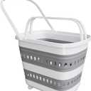 TECHMILLY Collapsible Plastic Laundry Basket Hamper with Wheels, 45L Portable Rubber Clothes Basket, Pop Up Storage Container/Organizer with Hanging Basket for Washing & Storage, Grey