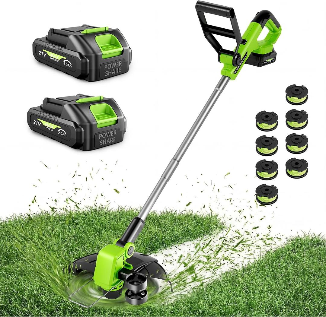 21V Weed Wacker Cordless & Lawn Edger, 9000RPM Electric Weed Eater with 2x2.0Ah Battery, 12" Auto Line Feed String Trimmer with 8 Pcs Spools, Lightweight Edger Lawn Tool for Yard, Green
