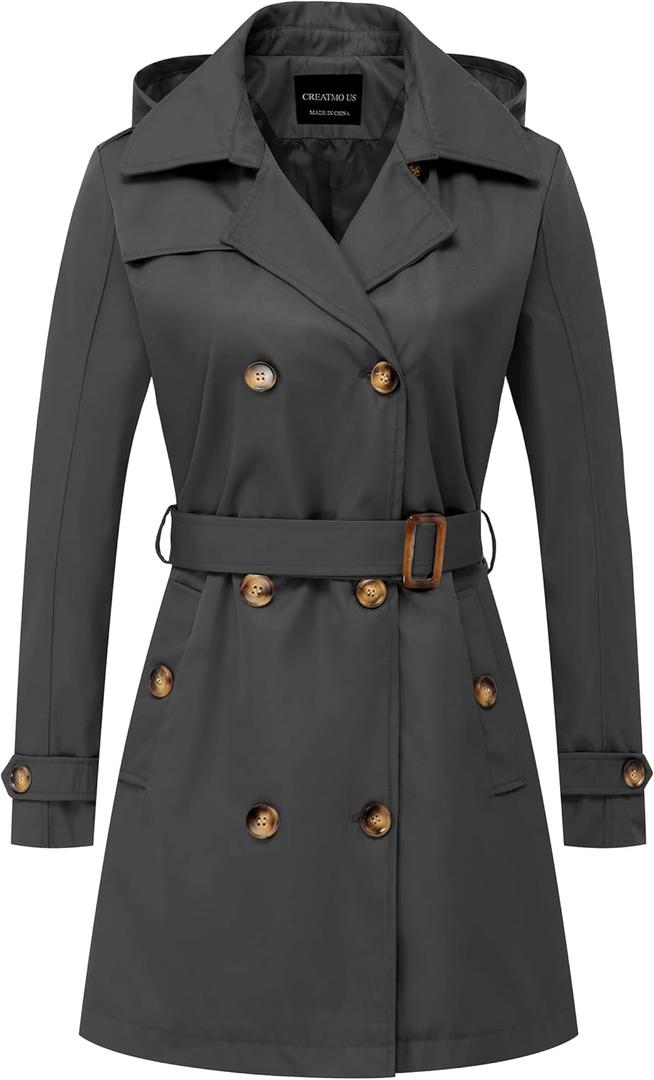 CREATMO US Women's Trench Coat Double-Breasted Classic Lapel Overcoat Belted Slim Outerwear Coat with Detachable Hood (Grey, S)