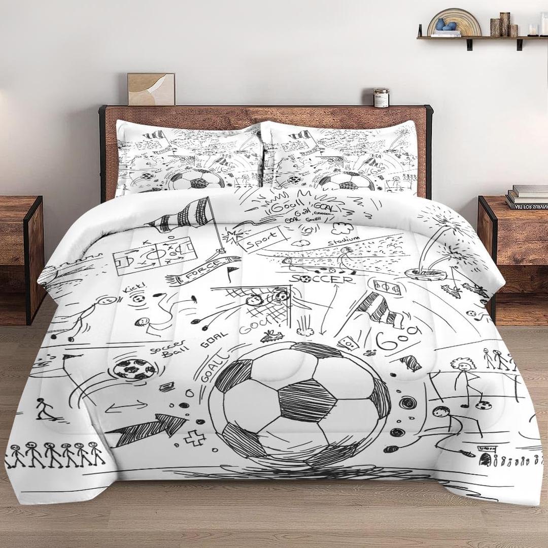 Full Size Comforter Set with 2 Pillowcases, Game Painting Ball Cup Soccer Soft 3 Pcs Bedding for Kids and Adults Bedroom Bed Decor