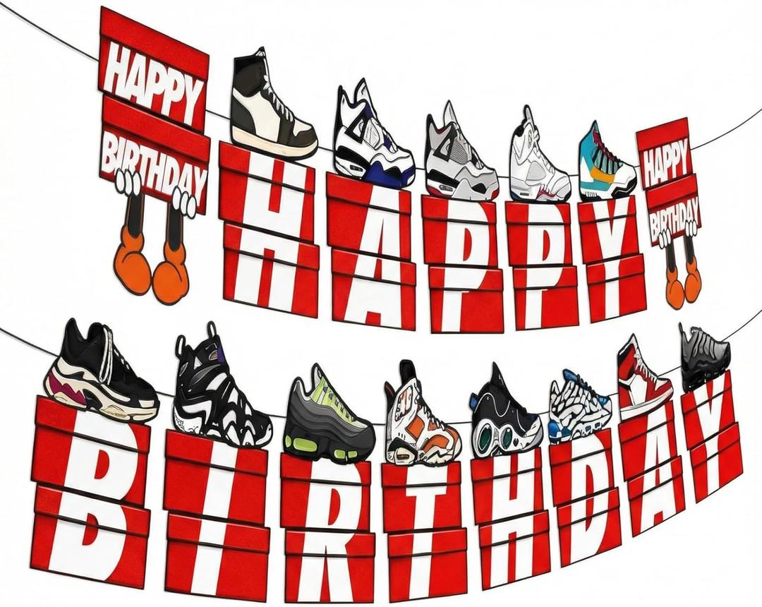2Pcs Sneaker Happy Birthday Banners, Sneaker Party Sign Decorations, Sports Theme Birthday Supplies for Indoor Outdoor Celebration (Red)