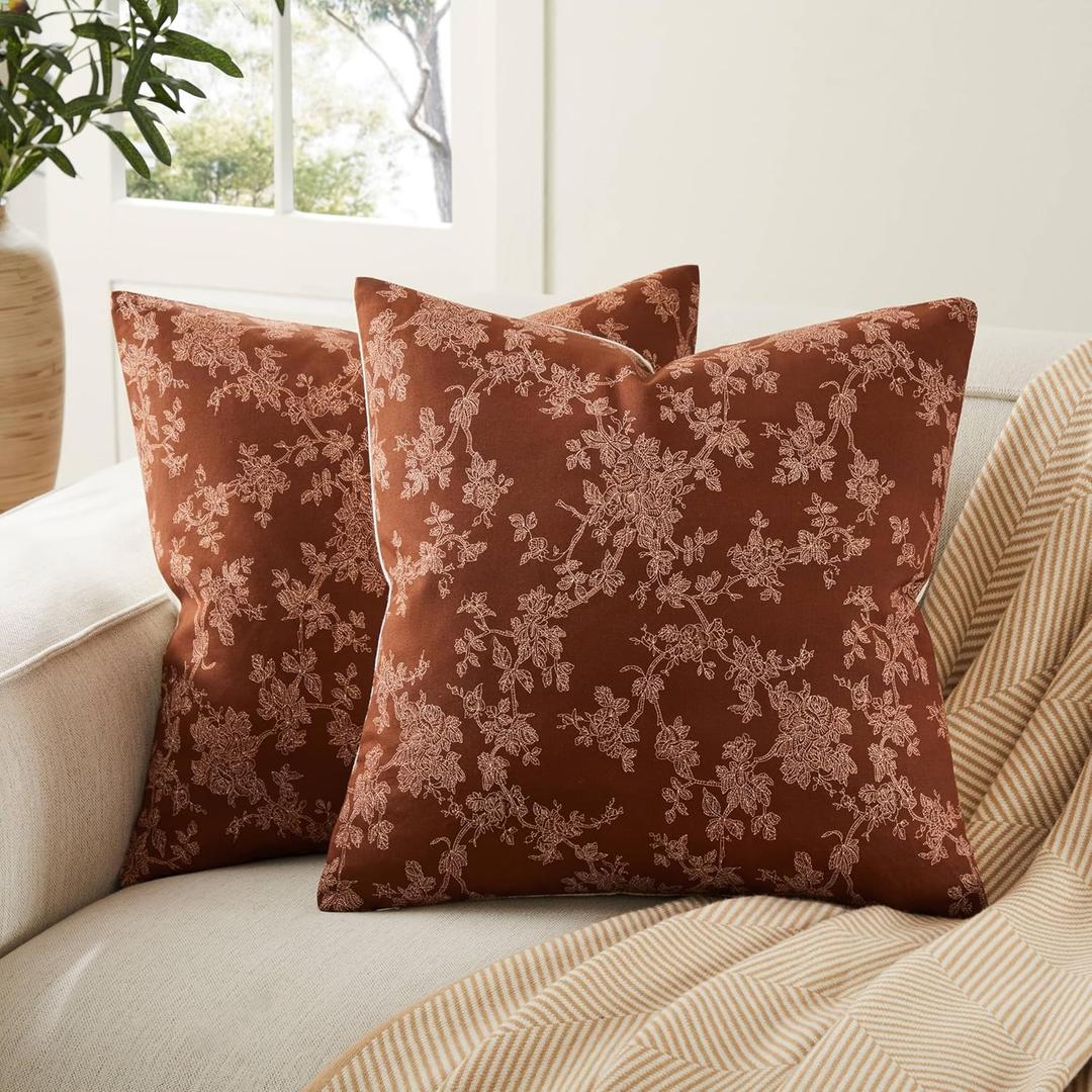 100% Cotton French Pastoral Throw Pillow Covers Set of 2, 18x18 Inch Background/Terracota Farmhouse Decorative Cushion Covers for Sofa Bed Living Room Home Decor