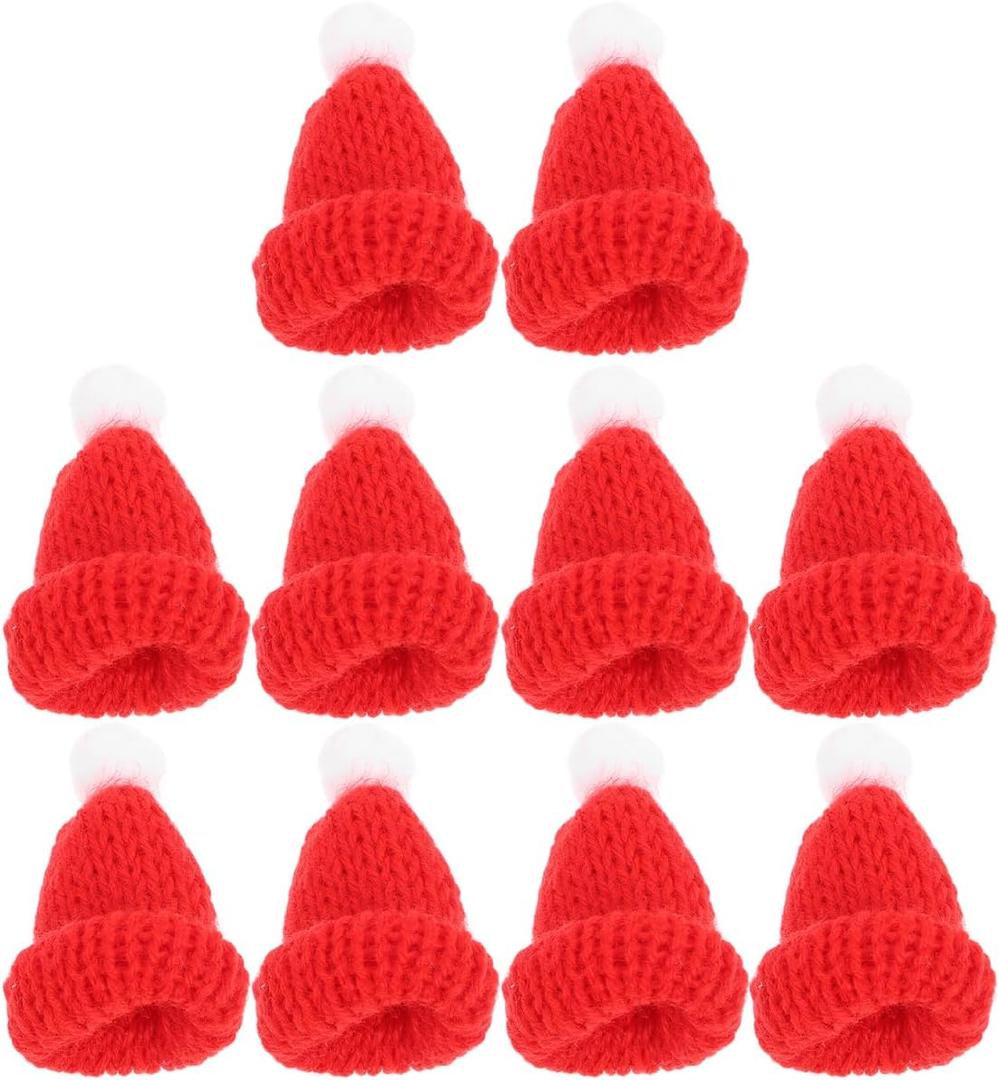 Amosfun 10Pcs Mini Knit Christmas Hat Small Santa Claus Cap Xmas Party Hat Ornament for Decoration Red