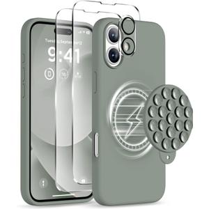 Magnetic for iPhone 16 Case, Compatible with Magsafe, Suction Cup Phone Mount, [2 Screen Protectors][Camera Lens Protector] Silicone Shockproof Protective Slim Phone Cover 6.1", Calke Green