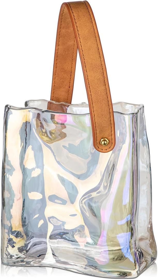 Glass Purse Vase for Flowers Iridescent Vases for Centerpieces Glass Bag Vase with Leather Handle Small Handbag Vases for Decor Decorative Fish Bowl for Home Wedding Decor