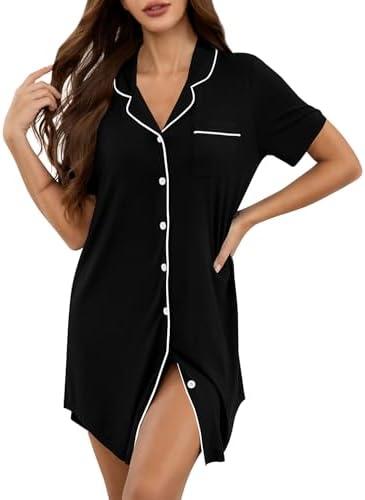 KCW Nightgown for Women Button Down Pajama Dress Short Sleeve Night Shirts Sleepwear, M