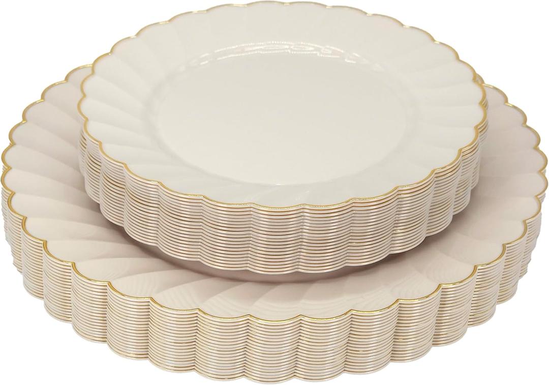 Sobel & Gala PREMIUM 40 Piece Ivory Scalloped Plastic Plates with Gold Rim - 20 Dinner and 20 Dessert - Fancy Disposable Plates for Party - Elegant Wedding Supplies