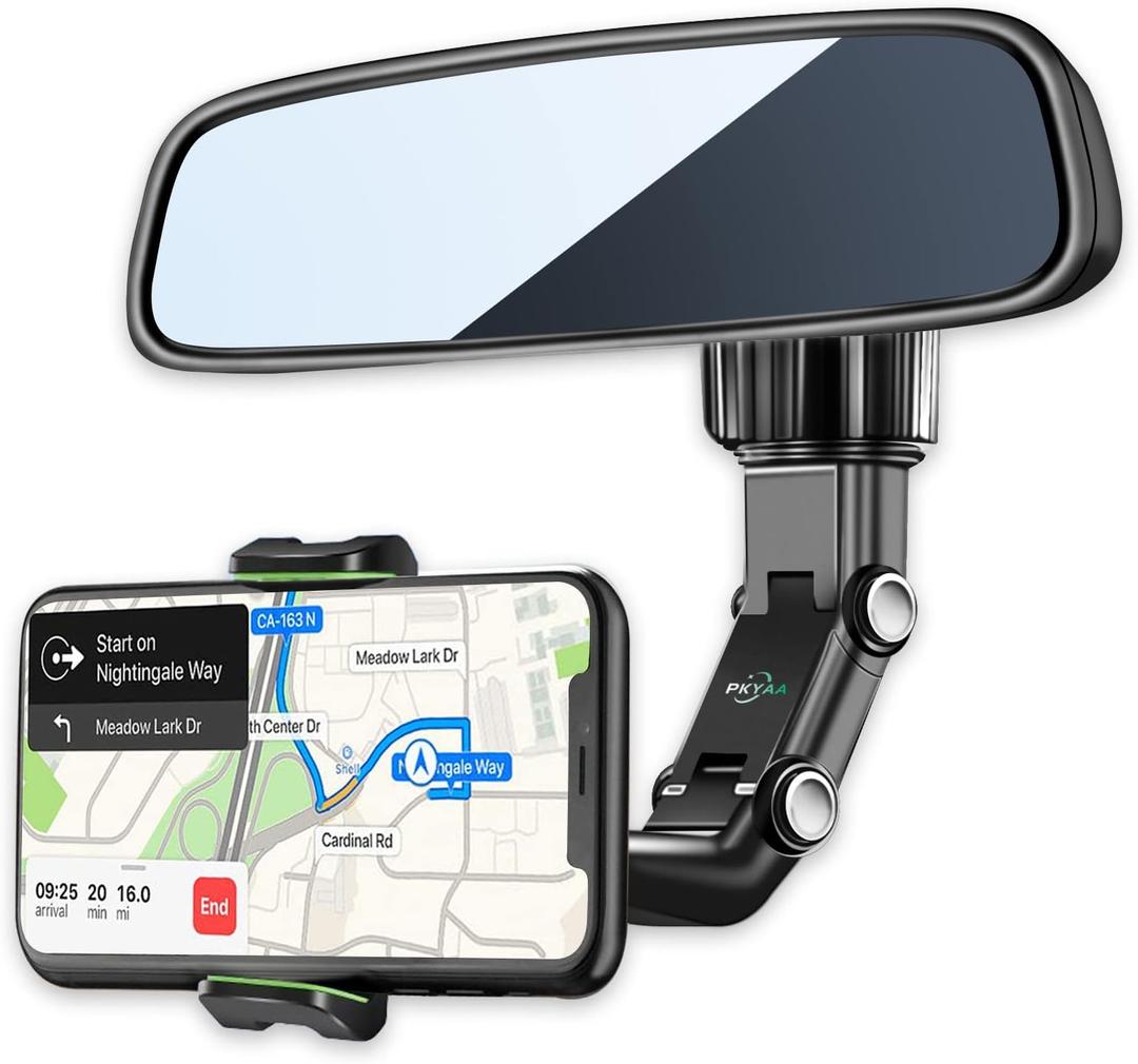 PKYAA Rearview Mirror Phone Mount Holder for Car, 360 Rotating , Multifunctional Mount Phone and GPS Holder Universal Car Phone Holder for All Smartphones