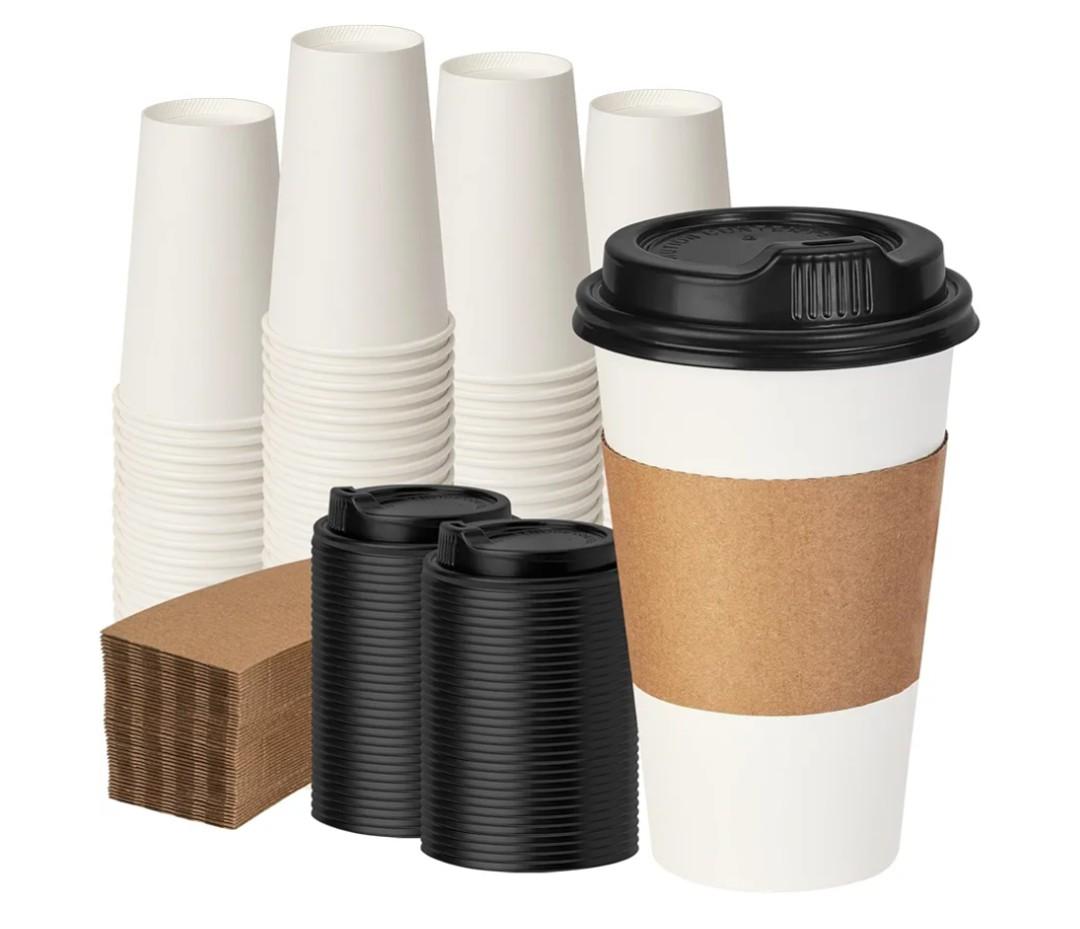 16 oz 100 Pack Coffee Cups with Lids and Sleeves, Hot Paper Coffee Cups with Lids, Disposable To Go Cups with Lid for Coffee, Tea, Hot Chocolate, Ideal for Cafes, Offices and Travel