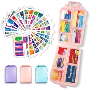 Pill Organizer with Medicine Labels 146 Labels Travel Daily Pill Container Mini Medication Organizer Storage Travel Essentials Pill Case 7 Day Pill Organizer (Blue+Pink+Purple, 3 Packs)