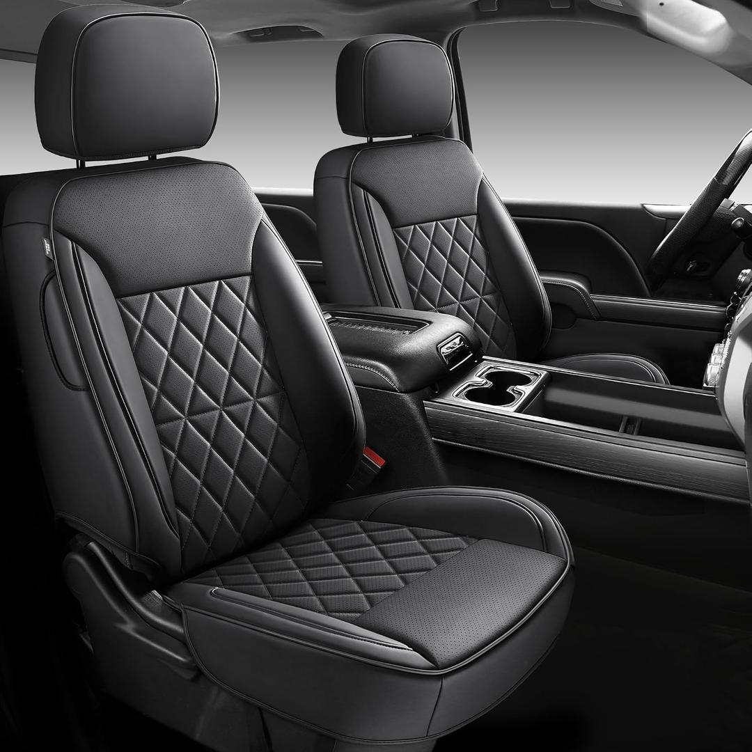 Custom Napa Leather Seat Covers for Chevy Silverado & GMC Sierra Crew Cab, 46-Split Flat Rear Bench Design, Compatible with 2019-2026 1500 and 2020-2026 2500HD 3500HD(Full Set, Black)