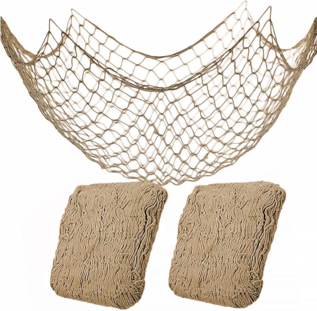 2 Pack Fish Net Decorations for Party,Natural Cotton Hawaiian Party Fishing Net Decorative, Nautical Themed Cotton Fishnet Under The Sea Pirate Ocean Beach Decor (Brown)