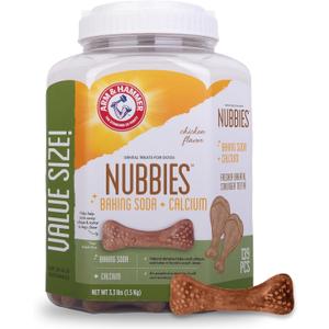 Arm & Hammer for Pets Nubbies Dental Treats for Dogs with Baking Soda and Calcium, Treat Chews Help Fight Bad Breath, Plaque & Tartar, Chicken, Value Bucket, 139 Pcs (Packaging may vary) (52.8 Ounce (Pack of 1))