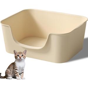 Low Entry Cat Litter Box with High Sides - Open-Top Anti-Splash, Durable Easy-Clean Pan for Kittens, Munchkin Cats, Senior Medium-Sized Cats & Small Pets (Rabbits), 19.3”x13.3”x7.8” Beige