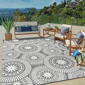 Ileading Outdoor Plastic Straw Rug 8x10ft Modern Geometric Style Reversible Patio Area Rugs Waterproof Non Shedding Portable Carpets for Rv Outside Deck Pool Beach Picnic Camping (Grey)