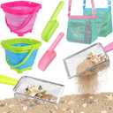 FHOZGECY Beach Toys, Sand Toys with 2 Collapsible Bucket, 2 Beach Mesh Shovel, Sand Shovel, Shark Tooth Sifter and Mesh Bag for Shell Collecting, Sand Dipper Beach Scoop Toys for Kids Boys and Girls