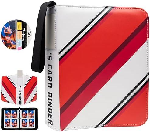 Trading Card Binder 4 Pocket, 440 Pockets 3 Ring Binder, Includes Name Tag, Tab Stickers, Cards Binder Album Book Holder Case for Baseball Football Sports Tcg Binder (Red Flame)