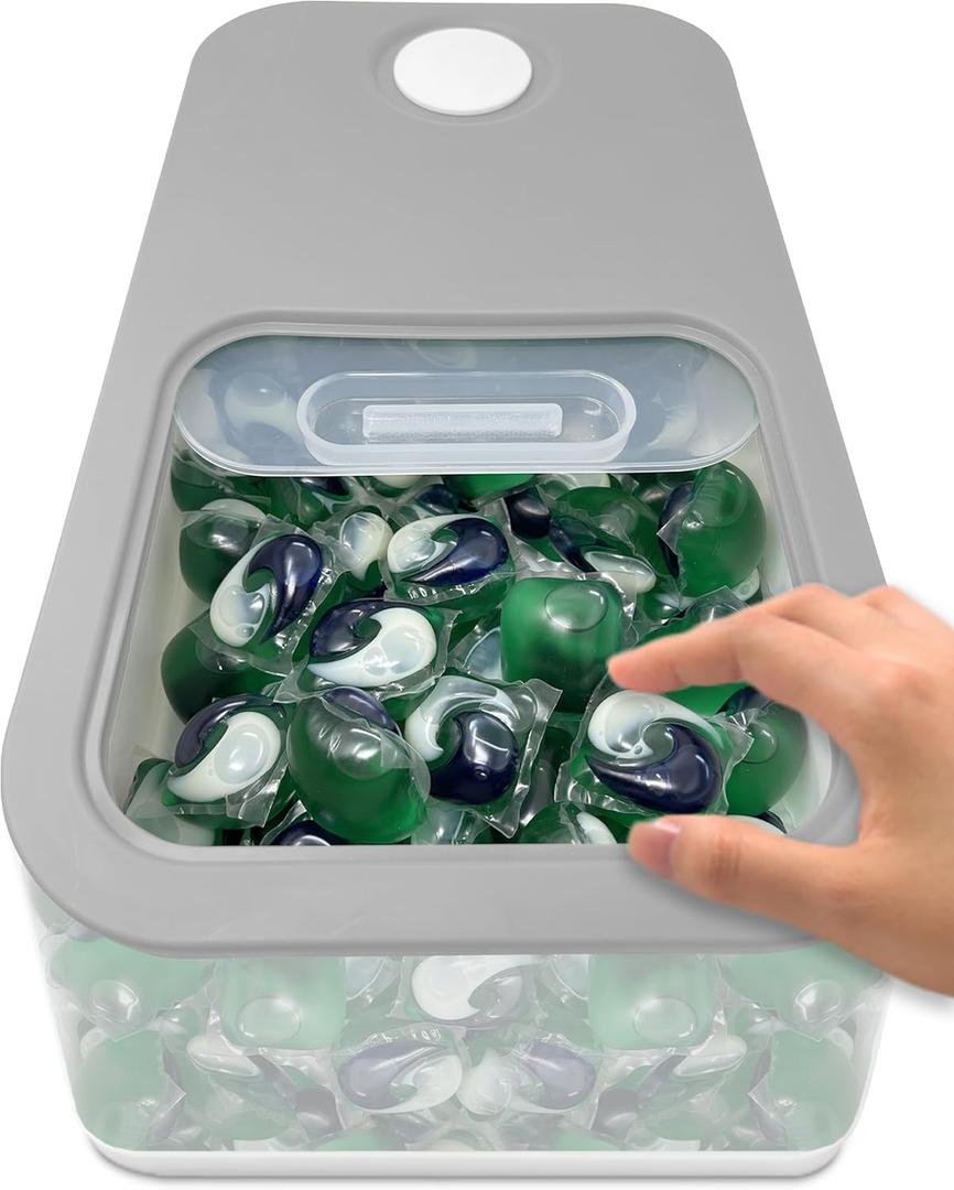 Skywin Large Laundry Pods Container with Slide Lid, Laundry Pod Holder 15 x 8.7 x 4.5 In, Holds 11 Pounds OR 120-150 Pods, Laundry Pod Container, Dishwasher Pods Container (Clear and Grey)