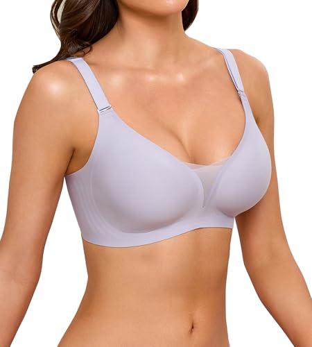 COOL CUTE Jelly Bras for Women No Underwire Sexy V-Neck Mesh Comfy Wireless Bralettes Seamless Everyday Tshirt Bra (Dreamypurple, Medium)