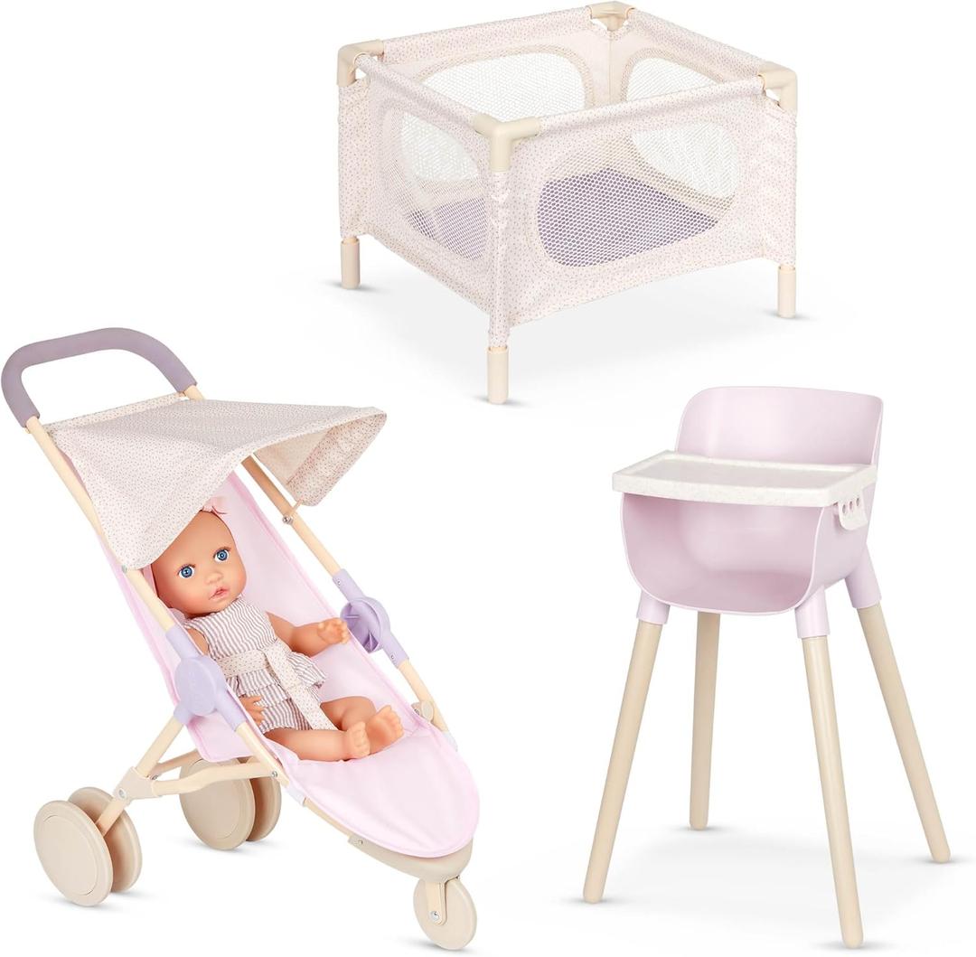 LullaBaby  14-Inch Realistic Baby Doll & Accessory Bundle  Fair Skin Tone & Blue Eyes  Nursery Care Set  High Chair, Playpen & Jogger Stroller  Pretend Play Toys  Kids 2+ Years
