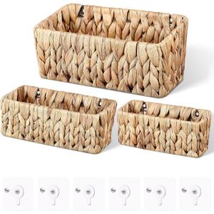 Threehoney 3 Pcs Woven Hanging Wall Baskets for Storage Seagrass Wall Mount Organizer with 6 Mounting Hooks Decorative Bathroom Basket for Boho Room Decor Letters Mail Kitchen