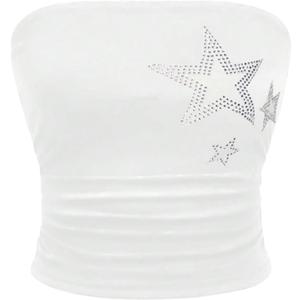 WDIRARA Women's Star Rhinestone Ruched Strapless Crop Tube Top Y2k Graphic Bandeau Tops (Medium, White)