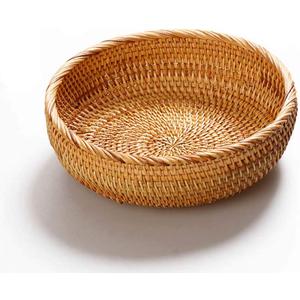 Hadewoven Round Rattan Fruit Basket Wicker Food Tray Weaving Storage Holder Dinning Room Bowl, 8 Inch Small Bread Baskets Tray for Serving with Deep Wall, Brown (Small 7.48”)