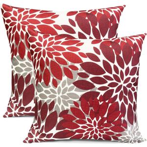 Decorative Throw Pillow Covers Set of 2 Wine Red Pillow Covers 16x16 Inch Couch Pillow Covers for Sofa Living Room Outdoor Throw Pillow Cover Linen Square Floral Flower Farmhouse Pillowcase