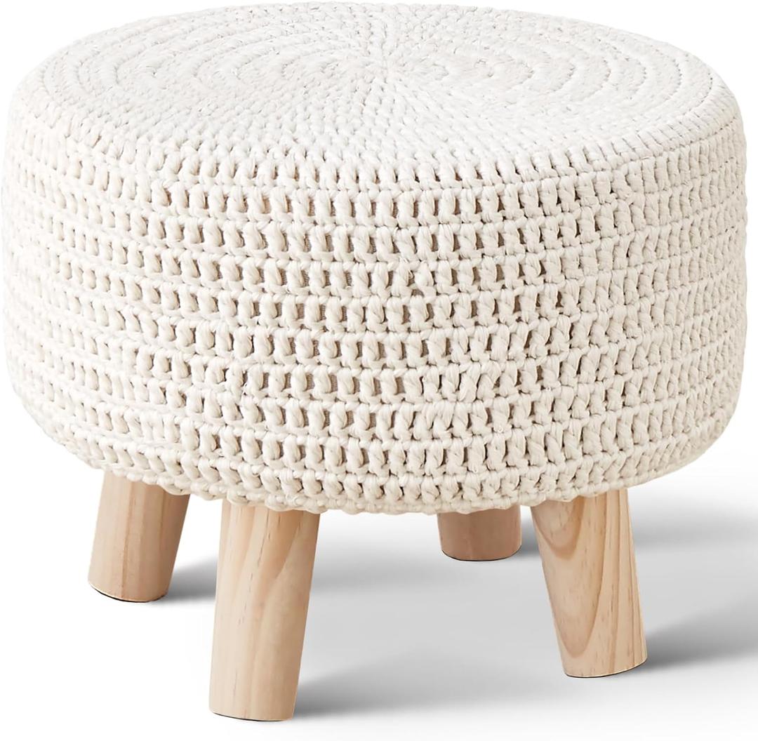 13" Round Handmade Cotton Knitted Boho Small Ottoman with Non-Skid Wood Leg, 13"D x 13"W x 10.6"H