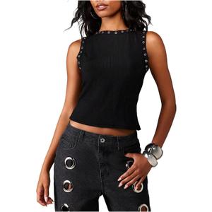 RoseSeek Women's Y2k Grommet Ribbed Knit Tank Top Mock Neck Sleeveless Summer Crop Tops S