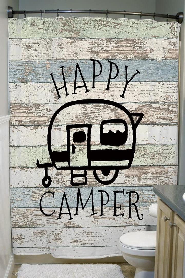 Happy Campers Shower Curtain Retro Rustic Wood Neutral Color For Travel Trailer Camping Motor RV Bathroom Stall Shower Curtain Set, Small Size Waterproof Fabric Shower Cutain, Hooks Include 47x64
