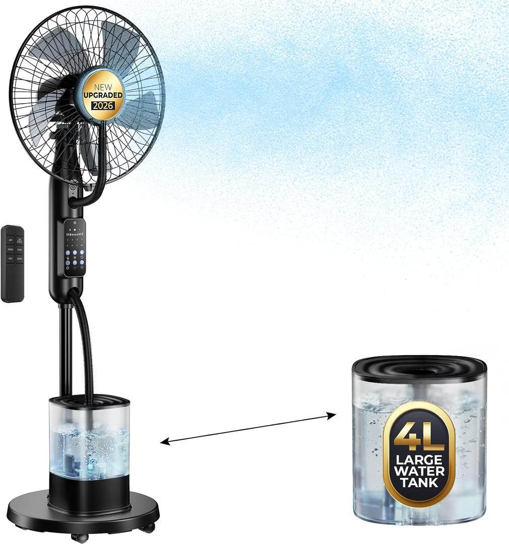 Misting Fan, 2026 Upgraded 4L Large Water Tank Mister Cooling Fan, 5 Speeds 3 Modes Misting Standing Fan, Floor Fan with Remote for Home, Bedroom, Patio, Outdoor Pcs