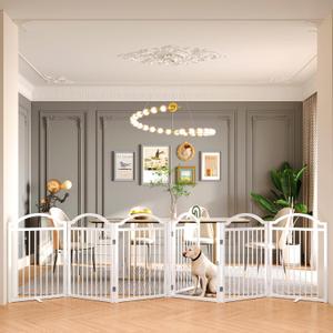 BHG Metal No-Assembly Freestanding Dog Gate with Door Walk Through, Extra Wide 144", Extra Tall 32" Pet Gate, Accordion Puppy Folding Playpen Dog Fence for Indoor & Outdoor, with 2PCS Support