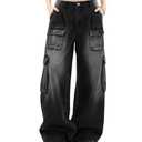Hugboom Baggy Cargo Pants for Women Girls Retro Low Rise Wide Leg Jeans Y2k Hip Hop Streetwear Grunge Clothes Black(M)