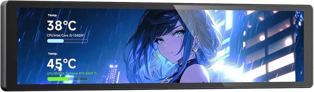9.16 Inch LCD Mini Secondary Monitor PC Computer|Customizable 1920*480 IPS Temperature display screen|USB TYPE-C 9-Pin Motherboard Connection for Laptop Computer Windows GPU CPU-Black