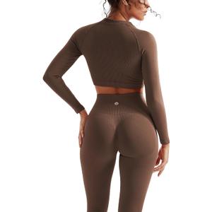 SUUKSESS Women 2 Piece Workout Sets Hidden Scrunch Hip Lifting Seamless Leggings Long Sleeve Yoga Crop Tops (Small, Brown)