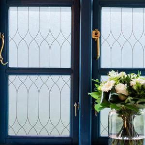 Jahoot Privacy Window Film, Frosted Glass Window Tint Sun Blocking, Bathroom Privacy Films, Non-Adhesive Frosting Vinyl, Removable Glass Door Clings Covering w/Black Morocco Lines, 35.4"x78.7"