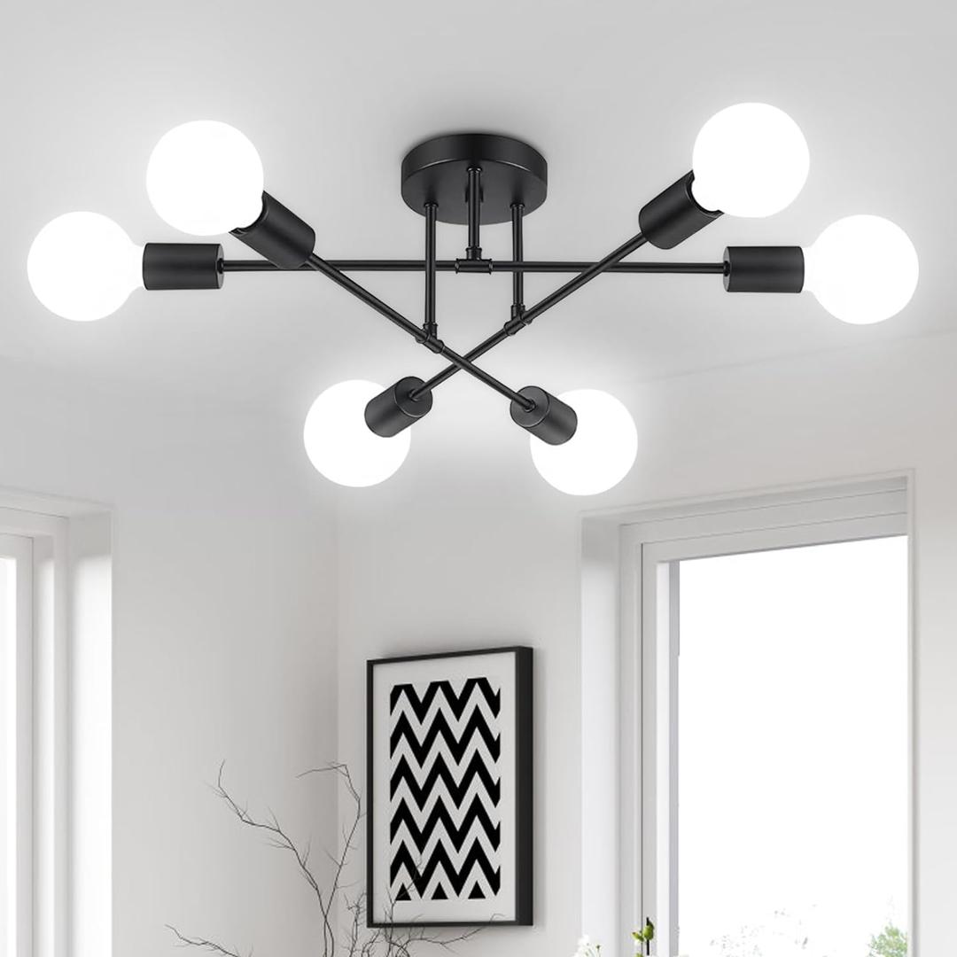 Ceiling Light Fixture, 6-Light Ceiling Light Chandelier, Modern Dinning Room Light Fixture, Sputnik Light Fixtures Ceiling Mount, Ceiling Light Fixtures Semi Flush Mount Light Fixture for Living Room (Black)
