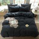 Striped Duvet Cover Set Full Size 3 Piece 100% Washed Cotton Linen Feel Bedding Comfy Breathable Modern Farmhouse (Full, Double Stripe-Black/White)