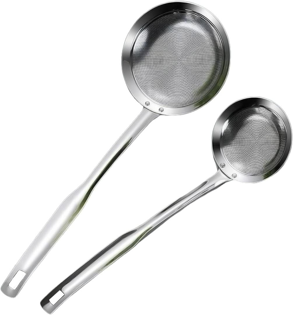 2 Pack Fine Mesh Stainless Steel Colander, Skimmer Spoon, Fine Mesh Stainless Steel Sieve Colander for Skimming Grease and Foam Food Strainer Kitchen Gadget (Large+Small)