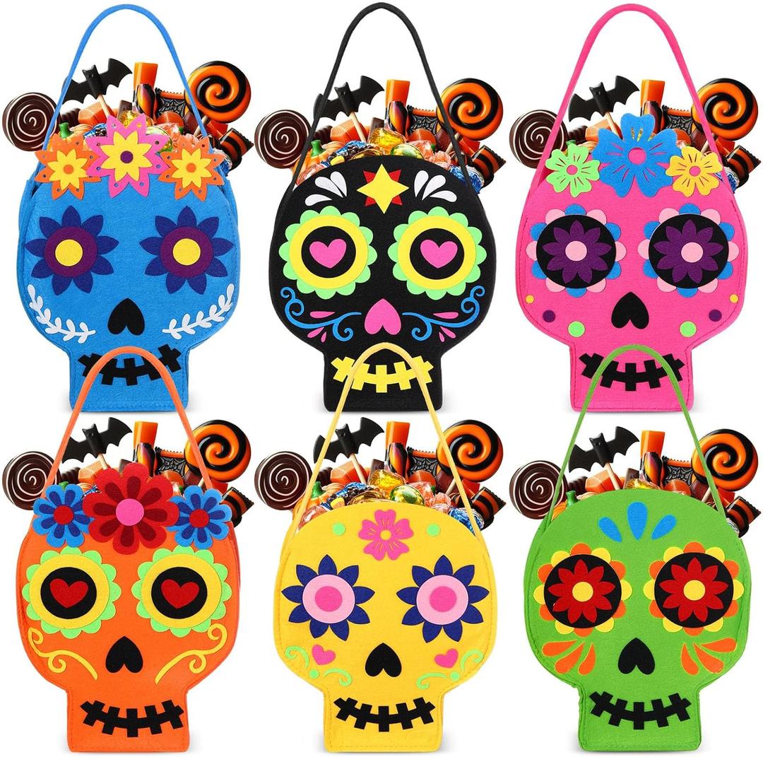 6 Pack Halloween Felt Buckets 9.8'' Height Day of the Dead Candy Buckets with Handle Skull Goodie Bags for Treat Halloween Mexican Party Dia De Los Muertos Decorations(Colorful Style)