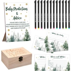 Thyle 134 Pcs Baby It's Cold Outside Shower Games Woodland Winter Baby Shower Games Prediction Advice Cards with 12 Color Pens Keepsake Box for Boys and Girls Winter Neutral Party(Green,Tree)