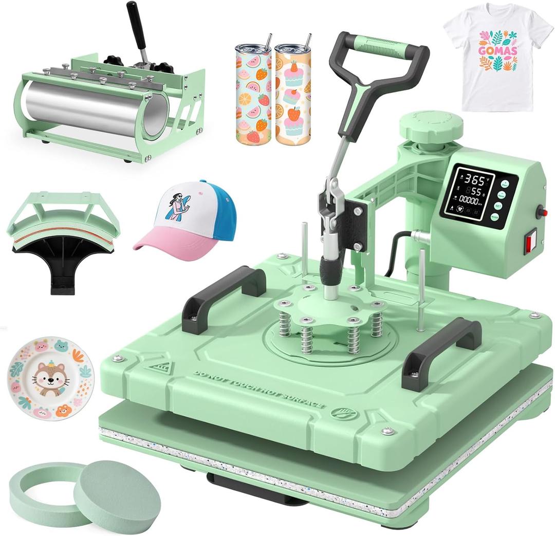 Slendor Heat Press 15x15 Inch 5 in 1 Heat Press Machine 360-Degree Swing Away Digital T Shirt Pressing Machine Multifunction Heat Transfer Sublimation Combo for T Shirts Mugs Hat Plate Cap,Green