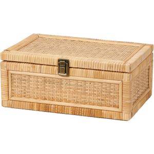 Rattan Box with Lid Decorative Natural Handmade Boho Rattan Baskets Woven Wicker Cane Bins Keepsake Memory Jewelry Boxes Rectangular Desk Shelf Closet Organizer Container (Large Size)