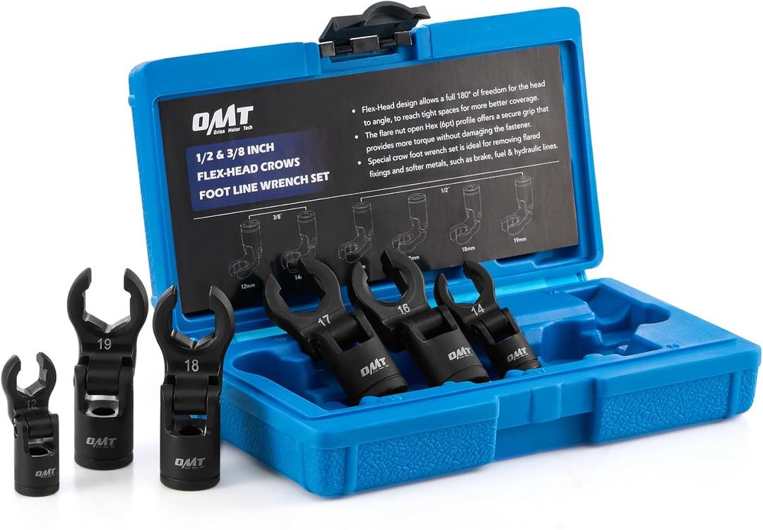 Orion Motor Tech Crows Foot Wrench Set, 6pc Flex Head Crows Foot Line Wrench Set with 1/2" & 3/8" Drive, Metric Crowfoot Wrenches for 12 14 16 17 18 19 mm Nuts with 180 Flexible Head Storage Case
