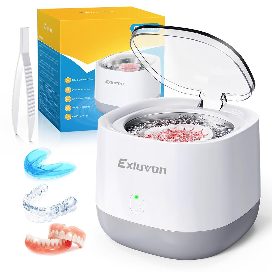 Ultrasonic Retainer Cleaner 45kHz, 250ML Portable Ultrasonic Cleaner, Professional Retainer Cleaner Machine for Dentures, Mouth Guard, Aligner and Jewelry (White with Light Gray)