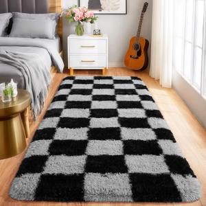 Pionblank Checkered Rug for Bedroom 2x6, Modern Fluffy Runner Rugs for Living Room, Super Soft Shaggy Bedside Carpet for Kids Room Nursery Teens Dorm Decor, Black and Grey