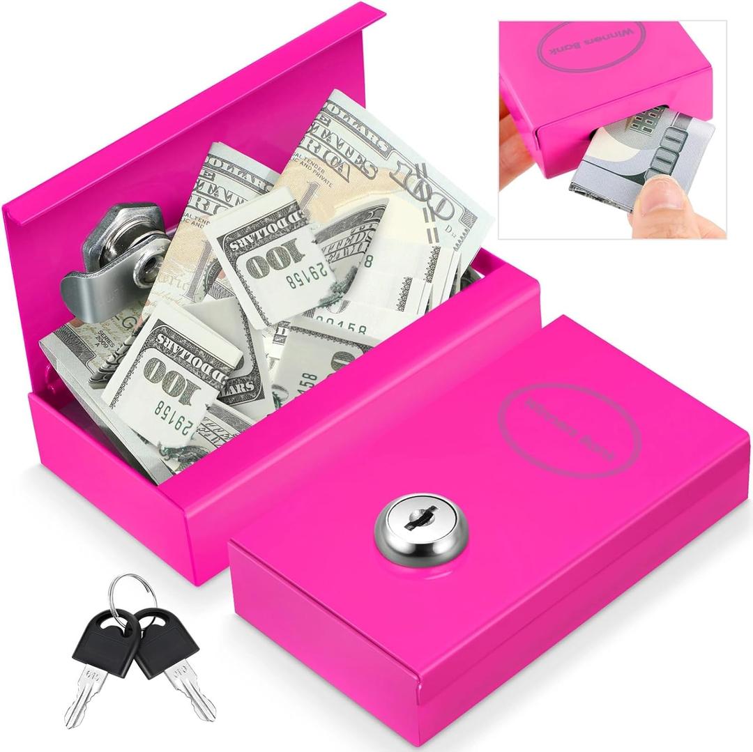 1 Pack Metal Box for Gamblers Pocket Sized Winner Bank Casino Cash Box with 2 Keys Portable Casino Money Safe strongbox for Cash Saving Go Home Money Gifts(Rose Red)